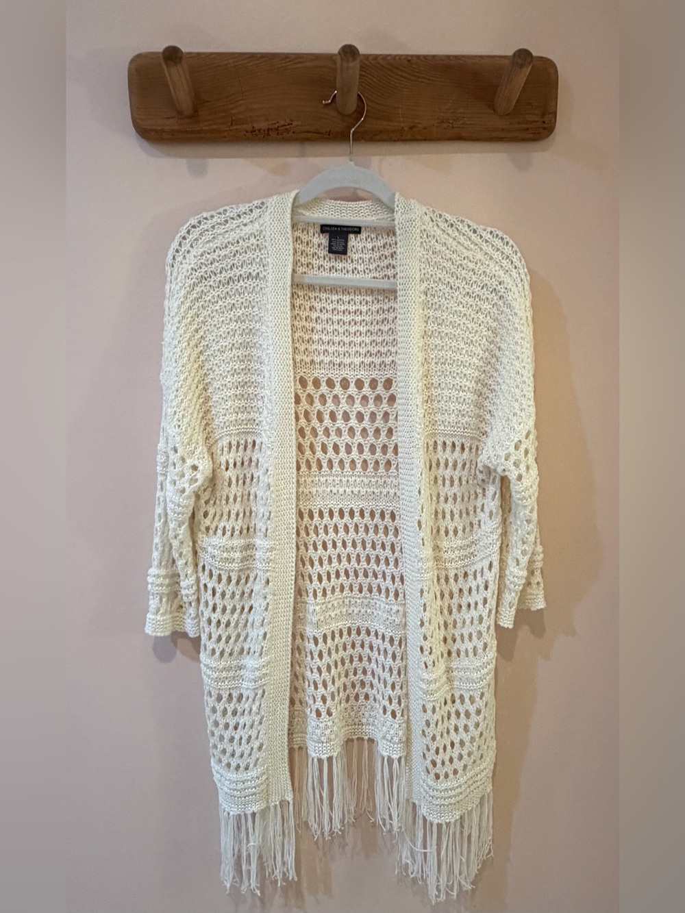 Chelsea & Theodore Ivory Crochet Fringe Open-Front Cardigan